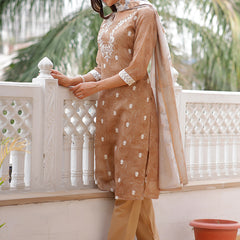 Women Linen Kurta Embroidered kurta set with solid pants & dupatta