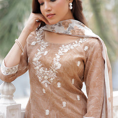 Women Linen Kurta Embroidered kurta set with solid pants & dupatta