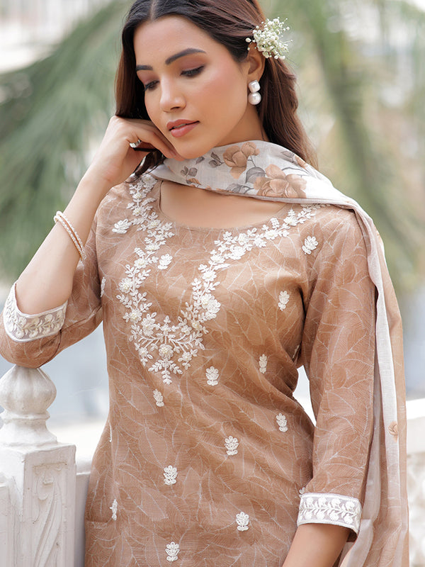 Women Linen Kurta Embroidered kurta set with solid pants & dupatta