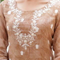 Women Linen Kurta Embroidered kurta set with solid pants & dupatta