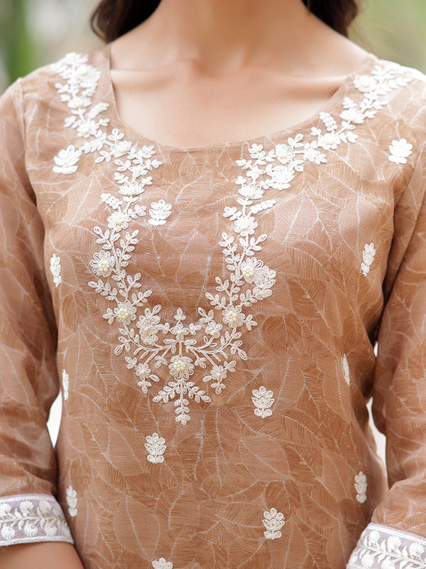 Women Linen Kurta Embroidered kurta set with solid pants & dupatta