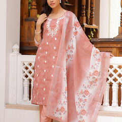 Women Linen Kurta Embroidered kurta set with solid pants & dupatta