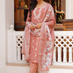 Women Linen Kurta Embroidered kurta set with solid pants & dupatta