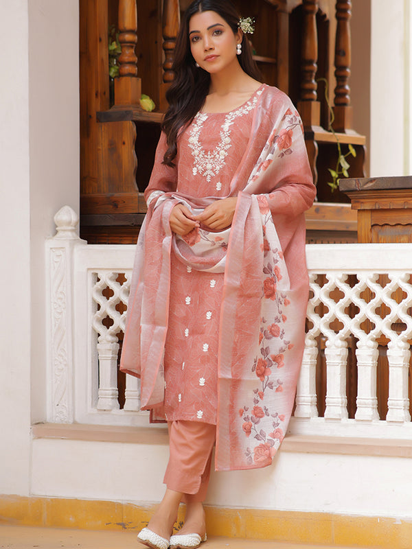 Women Linen Kurta Embroidered kurta set with solid pants & dupatta