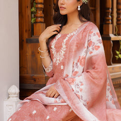 Women Linen Kurta Embroidered kurta set with solid pants & dupatta