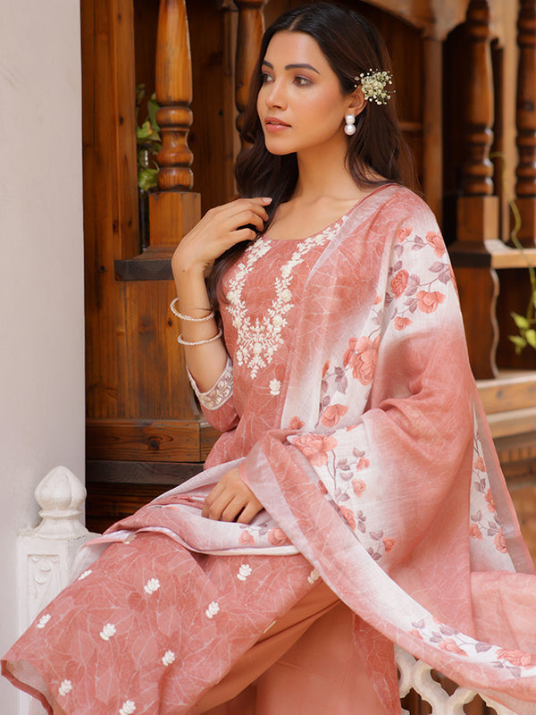 Women Linen Kurta Embroidered kurta set with solid pants & dupatta
