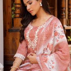 Women Linen Kurta Embroidered kurta set with solid pants & dupatta