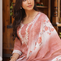 Women Linen Kurta Embroidered kurta set with solid pants & dupatta