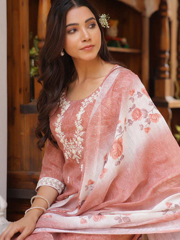 Women Linen Kurta Embroidered kurta set with solid pants & dupatta