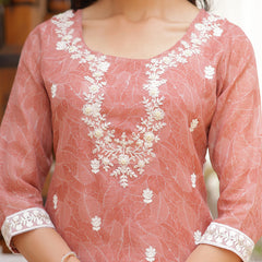 Women Linen Kurta Embroidered kurta set with solid pants & dupatta
