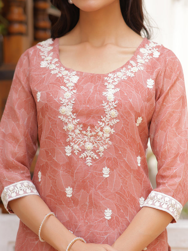 Women Linen Kurta Embroidered kurta set with solid pants & dupatta