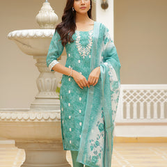 Women Linen Kurta Embroidered kurta set with solid pants & dupatta