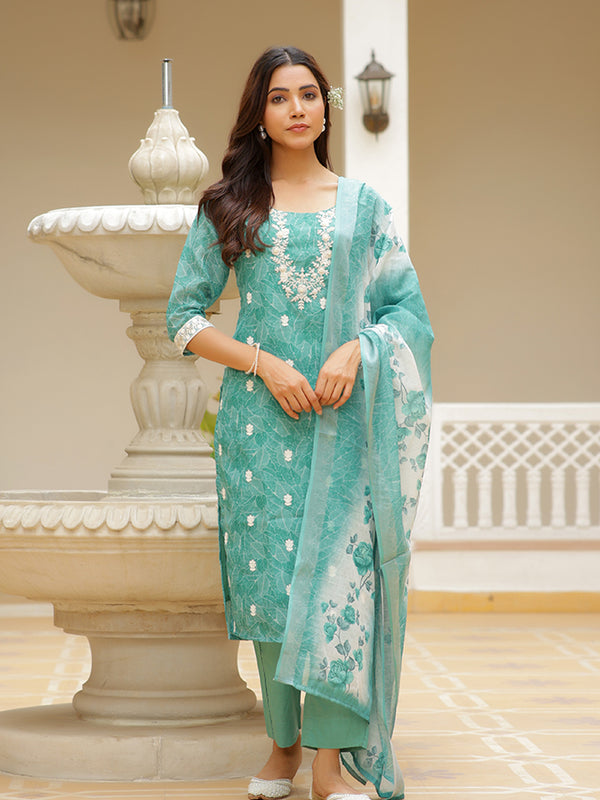 Women Linen Kurta Embroidered kurta set with solid pants & dupatta