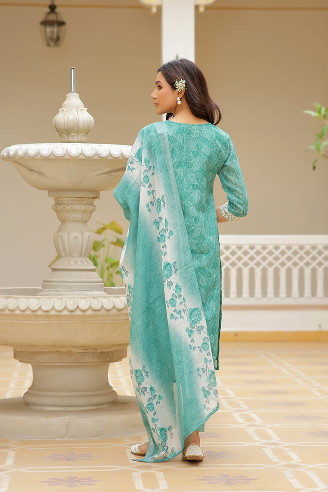 Women Linen Kurta Embroidered kurta set with solid pants & dupatta