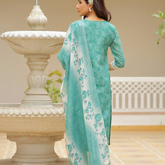 Women Linen Kurta Embroidered kurta set with solid pants & dupatta