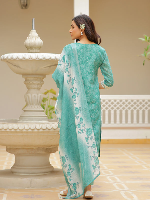Women Linen Kurta Embroidered kurta set with solid pants & dupatta