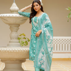 Women Linen Kurta Embroidered kurta set with solid pants & dupatta