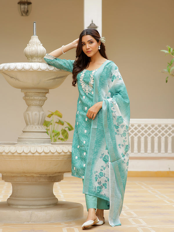 Women Linen Kurta Embroidered kurta set with solid pants & dupatta