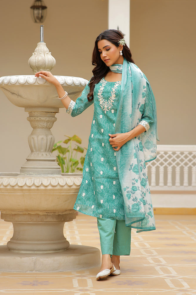 Women Linen Kurta Embroidered kurta set with solid pants & dupatta