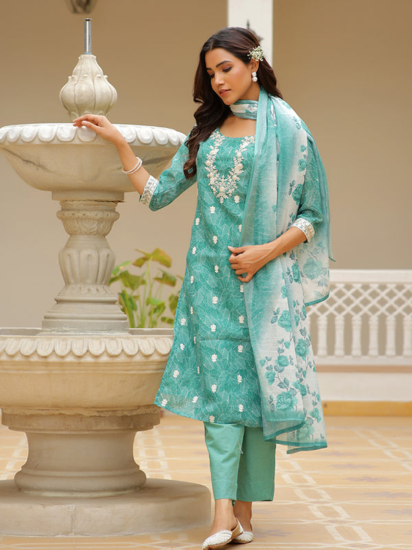 Women Linen Kurta Embroidered kurta set with solid pants & dupatta