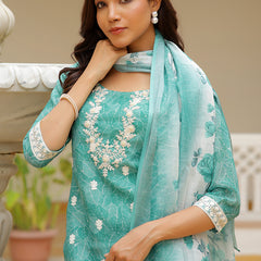 Women Linen Kurta Embroidered kurta set with solid pants & dupatta