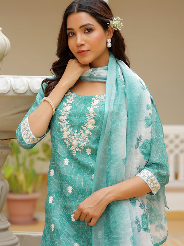 Women Linen Kurta Embroidered kurta set with solid pants & dupatta