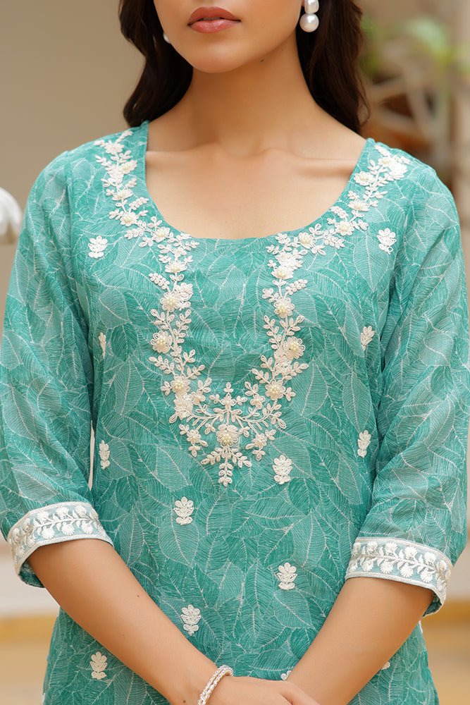 Women Linen Kurta Embroidered kurta set with solid pants & dupatta