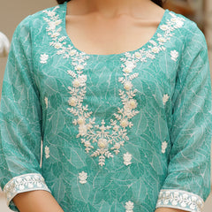 Women Linen Kurta Embroidered kurta set with solid pants & dupatta