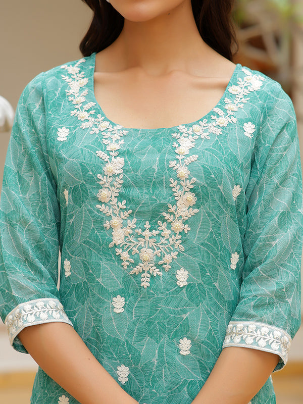 Women Linen Kurta Embroidered kurta set with solid pants & dupatta