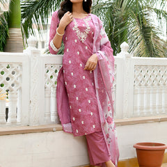 Women Linen Kurta Embroidered kurta set with solid pants & dupatta