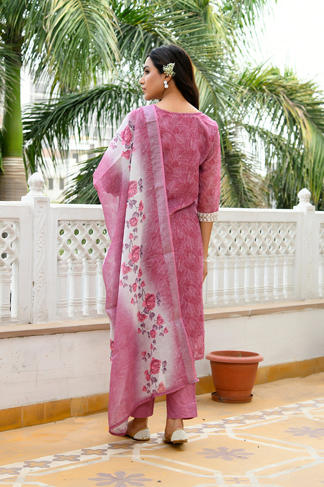 Women Linen Kurta Embroidered kurta set with solid pants & dupatta