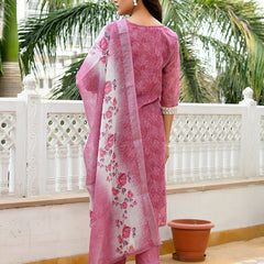 Women Linen Kurta Embroidered kurta set with solid pants & dupatta