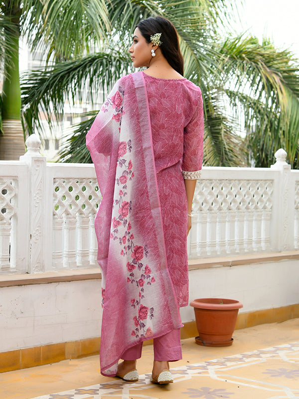 Women Linen Kurta Embroidered kurta set with solid pants & dupatta