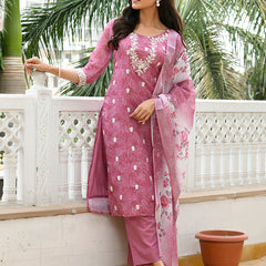 Women Linen Kurta Embroidered kurta set with solid pants & dupatta