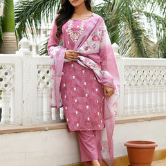 Women Linen Kurta Embroidered kurta set with solid pants & dupatta