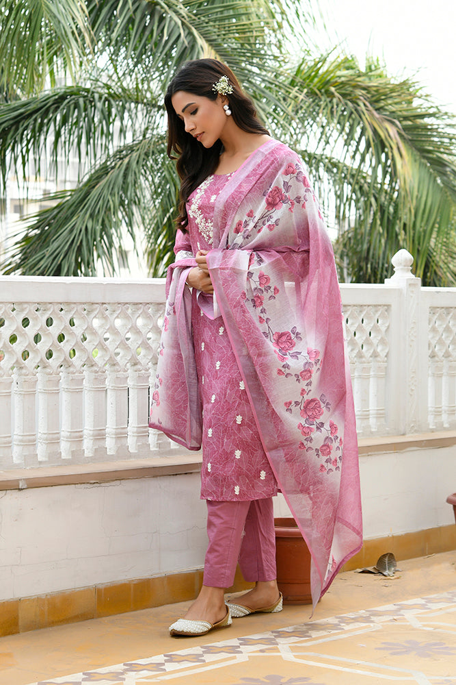 Women Linen Kurta Embroidered kurta set with solid pants & dupatta