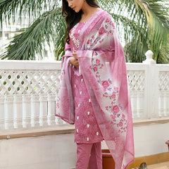 Women Linen Kurta Embroidered kurta set with solid pants & dupatta