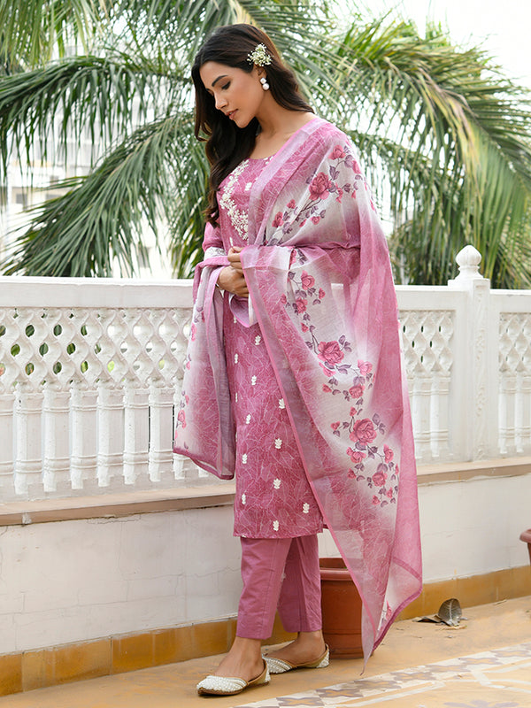 Women Linen Kurta Embroidered kurta set with solid pants & dupatta