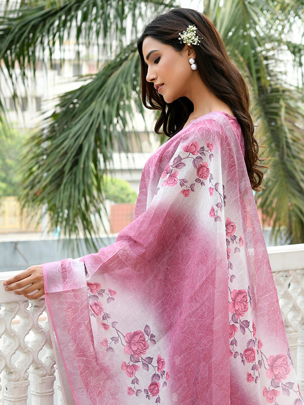 Women Linen Kurta Embroidered kurta set with solid pants & dupatta