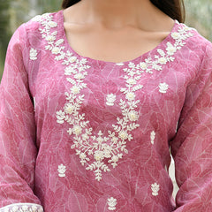 Women Linen Kurta Embroidered kurta set with solid pants & dupatta