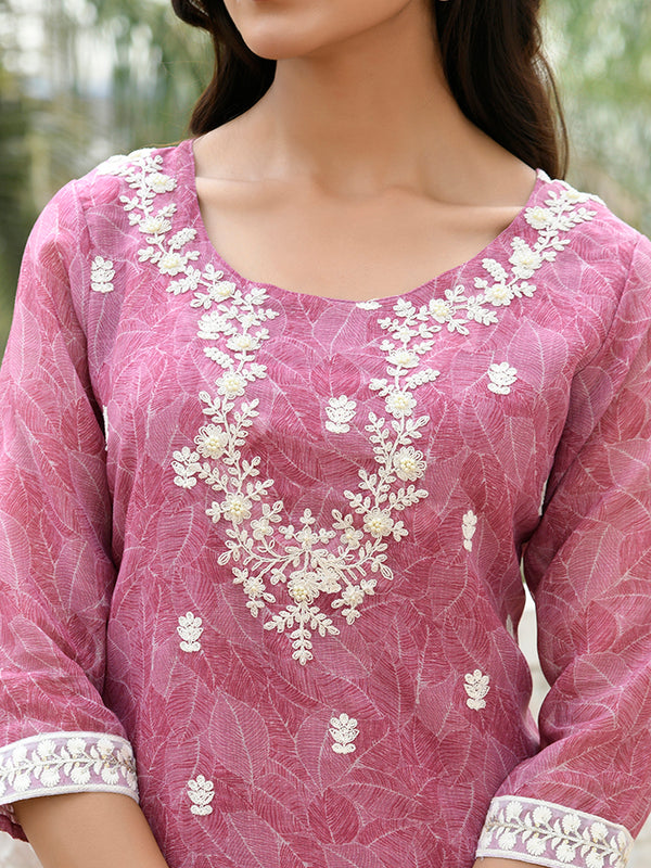 Women Linen Kurta Embroidered kurta set with solid pants & dupatta
