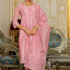 Women Pink Chanderi Block printed Embroidered kurta set with solid pants & dupatta