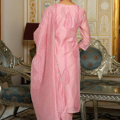 Women Pink Chanderi Block printed Embroidered kurta set with solid pants & dupatta