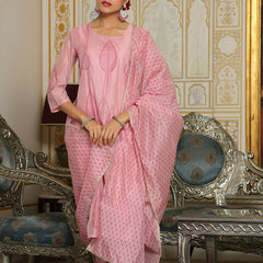 Women Pink Chanderi Block printed Embroidered kurta set with solid pants & dupatta