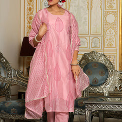 Women Pink Chanderi Block printed Embroidered kurta set with solid pants & dupatta