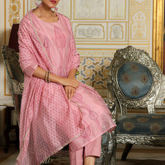 Women Pink Chanderi Block printed Embroidered kurta set with solid pants & dupatta