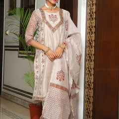 Women Grey Chanderi Block printed Embroidered kurta set with solid pants & dupatta