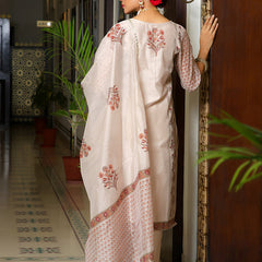 Women Grey Chanderi Block printed Embroidered kurta set with solid pants & dupatta