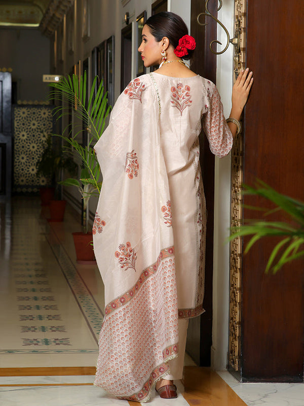 Women Grey Chanderi Block printed Embroidered kurta set with solid pants & dupatta