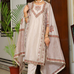 Women Grey Chanderi Block printed Embroidered kurta set with solid pants & dupatta